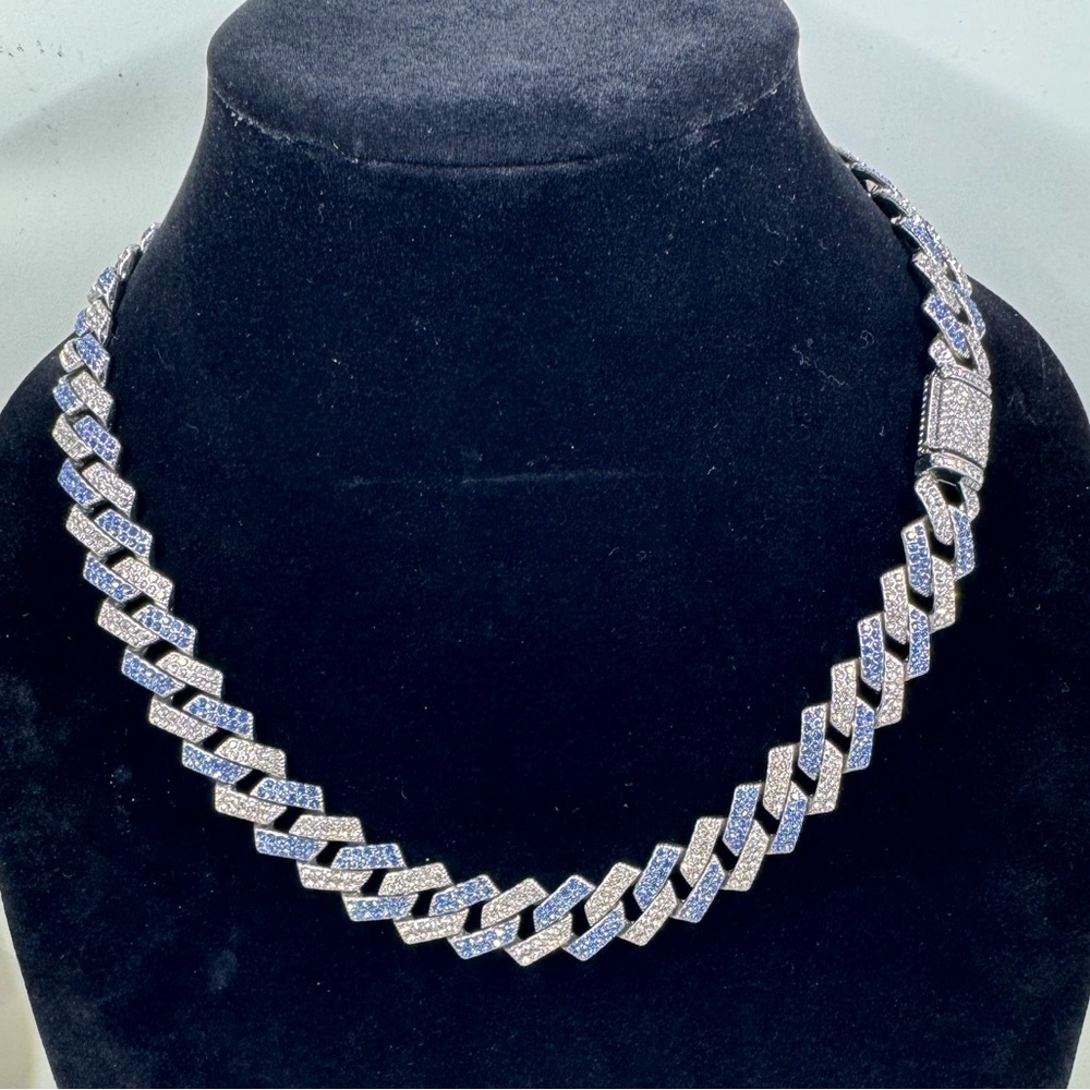 20” 15mm Iced Out Blue Crystal Pave Miami Cuban Link Chain Necklace w/Box Lock